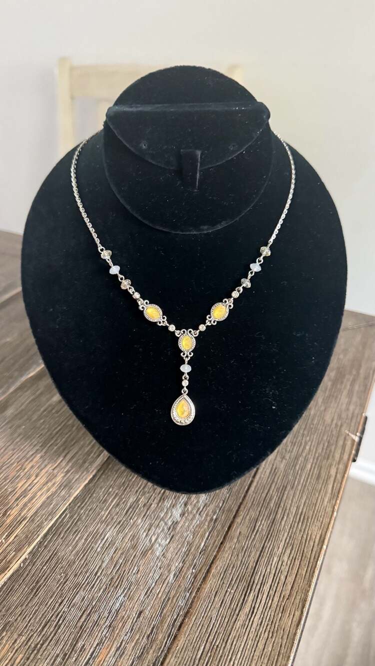 Vintage Avon Silver-Tone Yellow Cabochon and Rhinestone Y-Drop Necklace